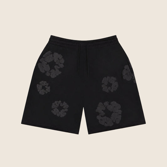 Short Denim Tears — Noir fleurs ton sur ton